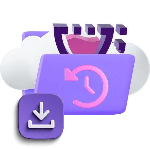 Uma nuvem com o logo da Cupcode junto a um ícone de download e de fazer backup